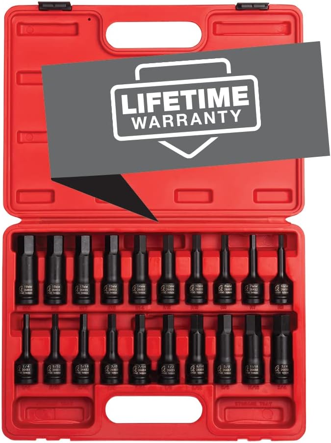 SUNEX TOOLS 2637, 1/2" Drive Master Impact Hex Driver Set, 20Piece, SAE/Metric, 1/4" - 3/4", 6mm - 19mm, Cr-Mo Steel, Dual Size Markings, Heavy Duty Storage Case, Meets ANSI Standards