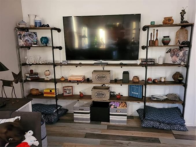 Industrial Wall Mount Iron Pipe Shelf Bracket,Retro DIY Open Bookshelf,Storage Shelves, Ceiling Hung Shelves for Home Kitchen Bathroom Living Room Office(2PcsX4Tier,56" Tall,12" deep,Hardware Only)