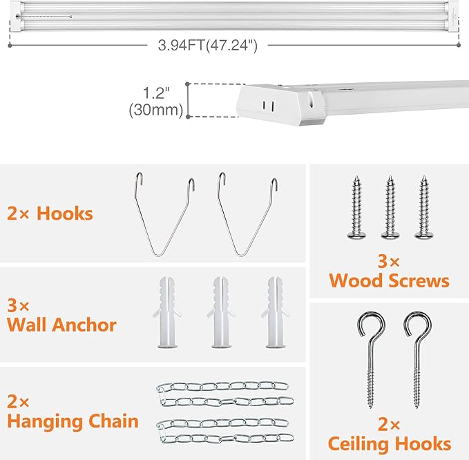 4FT Linkable 42W 4800LM 5000K LED Ceiling Lights for Garages, Pull Chain ON/Off, Linear Work Light Fixture with Plug, 2 Pack