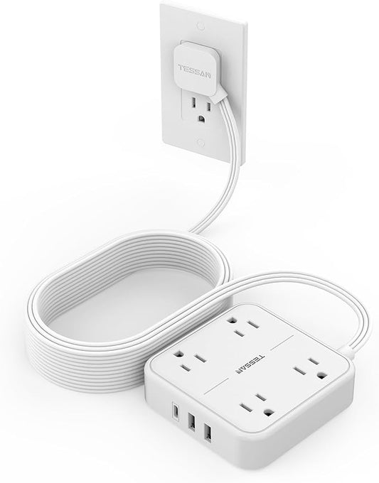 Long Flat Extension Cord 15 ft, TESSAN Surge Protector Power Strip 15 Feet with 4 Outlets 3 USB Ports (1 USB C), 3 Prong Flat Plug Charging Station with Surge Protection, Wall Mount Indoor Essentials