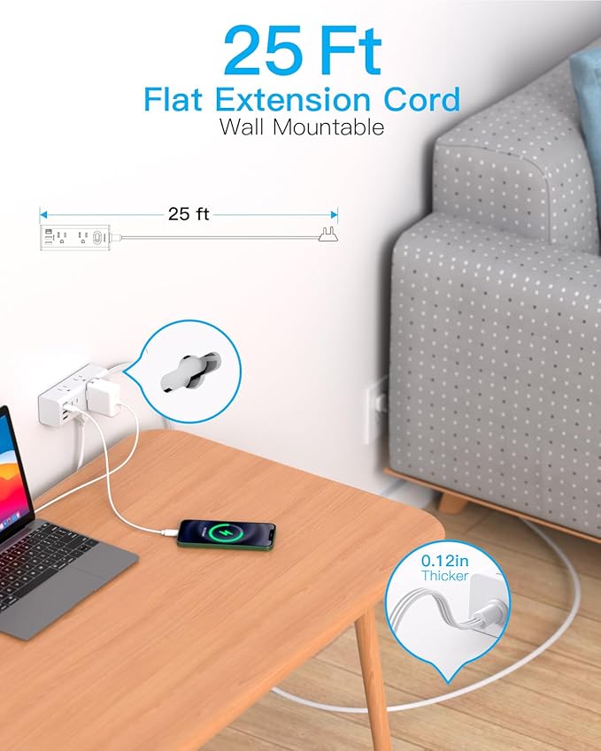 25Ft Extension Cord with Multiple Outlets, Flat Plug Power Strip Surge Protector with 25 Ft Long Cord, 6 Outlet 3 USB Ports (1 USB C), Multi Outlet Wall Plug for Travel, College, Dorm Room Essentials
