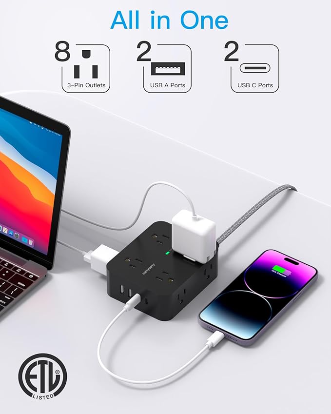 Power Strip Surge Protector 10 Ft Cord, Extension Cord Flat Plug with 8 Outlets 4 USB Ports(2 USB C), Wall Mount, Desk Charging Sation for Home Offcie