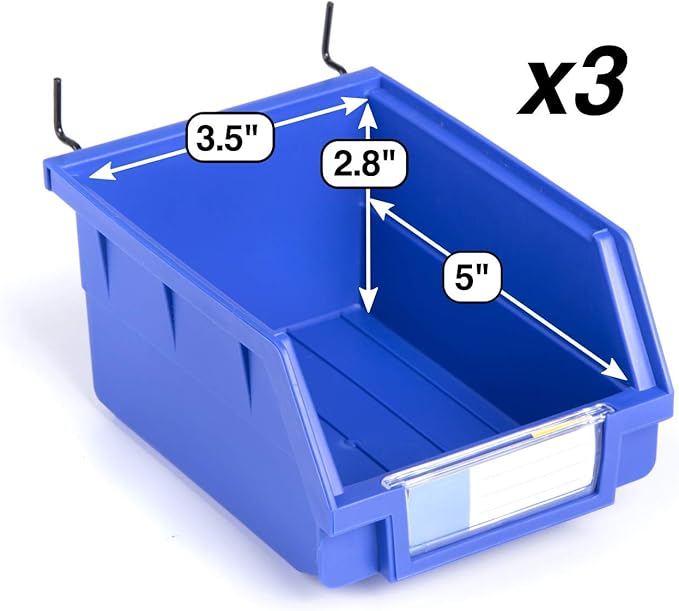 Pegboard Bins - 3 Pack Blue Large - Hooks to Any Peg Board - Organize Hardware, Accessories, Attachments, Workbench, Garage Storage, Craft Room, Tool Shed, Hobby Supplies, Small Parts