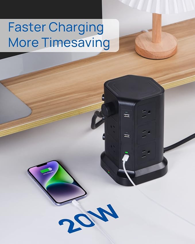 KOOSLA Dual 20W USB-C Power Strip Tower, Surge Protector Power Strip, Power Tower with USB Ports and Widely Spaced AC Outlets,1875W/15A, Charging Tower with 6.5ft Heavy-Duty Extension Cord Black