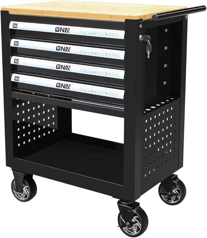 DNA MOTORING 30" W X 37" H X 18" D Large Capacity 4-Drawer Chest Rolling Tool Cart Locking Swivel Cabinet (TOOLS-00003) with Keys, Black