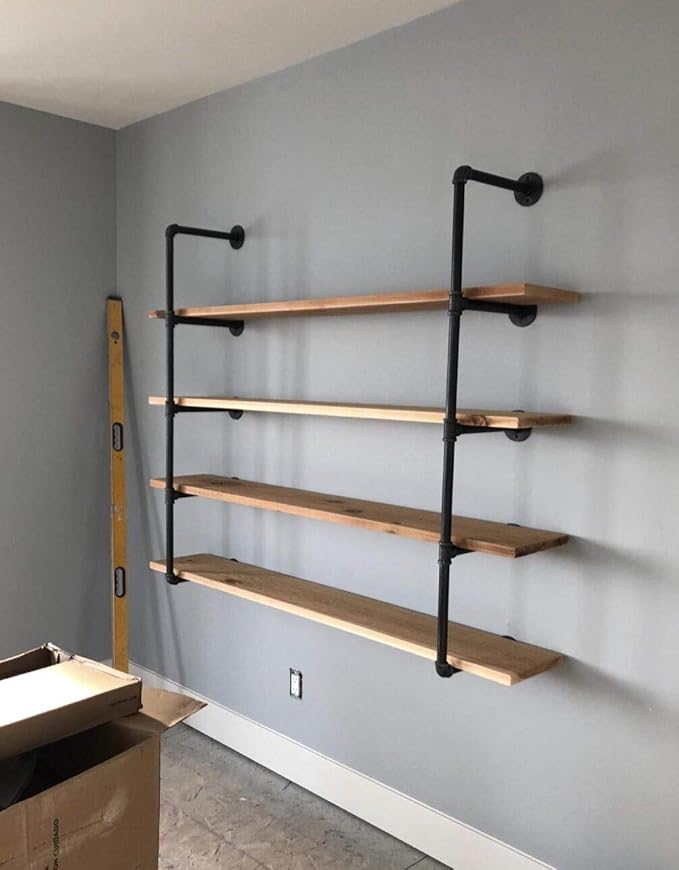 Tianman Industrial Wall Mount Iron Pipe Shelf Shelves Shelving Bracket Vintage Retro Black DIY Open Bookshelf DIY Storage offcie Room Kitchen Shelves (2Pcs,52" Tall,12" deep)