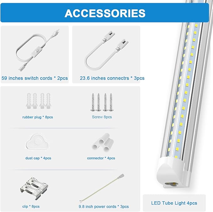 SHOPLED 2FT LED Shop Light, 20W 2500LM 5000K Daylight White, T8 Linkable Utility Ceiling Light Fixtures, 2 Foot LED Tube Light for Workbench, 4 Pack