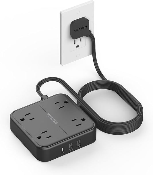 Flat Extension Cord 10 ft, TESSAN Ultra Thin Power Strip, Black Extension Cord with 3 USB Wall Charger(1 USB C Port), 4 Widely Spaced Outlets Compact for Home, Office, Cruise Ship Essentials