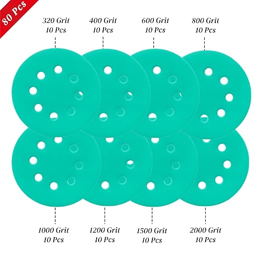 80 Pack Mix Fine Grit 5 inch Sanding Discs 8 Holes, Sandpaper for Random Orbital Sander Grinder, 320/400/600/800/1000/1200/1500/2000 Hook and Loop Sand Paper Disc Especially for Wet Grinding, Green