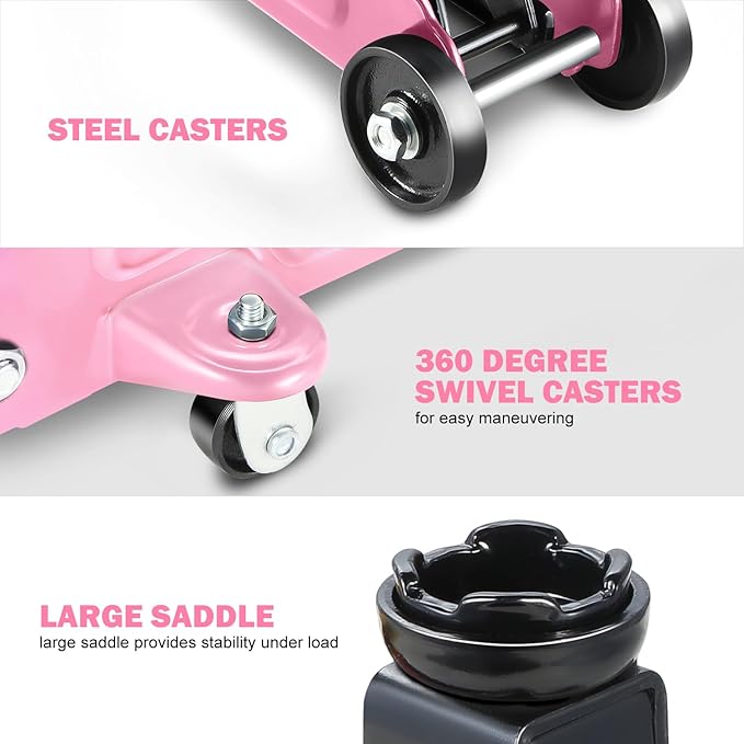 DNA MOTORING Low Profile Hydraulic Trolley Service/Floor Jack, 1.5 Ton (3000 lbs) Capacity, Lifting Range 5.3"-12", Pink, TOOLS-00327-PK
