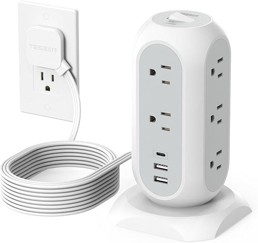 Surge Protector Power Strip Tower 10 Ft, TESSAN Flat Plug Extension Cord with 11 AC Outlets 3 USB Ports (1 USB C), 1050J Protection Charging Station for Home, Office Supplies, Dorm Room Essentials