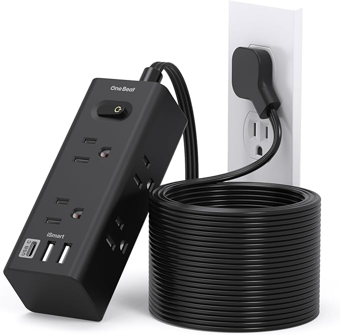 20Ft Extension Cord with Multiple Outlets, Flat Plug Power Strip Surge Protector with 20 Ft Long Cord, 6 Outlet 3 USB Ports (1 USB C), Multi Outlet Wall Plug for Travel, College, Dorm Essentials-Black