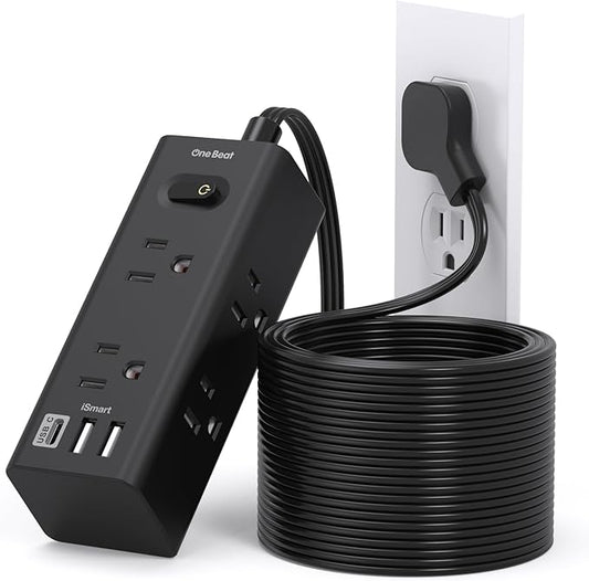 20Ft Extension Cord with Multiple Outlets, Flat Plug Power Strip Surge Protector with 20 Ft Long Cord, 6 Outlet 3 USB Ports (1 USB C), Multi Outlet Wall Plug for Travel, College, Dorm Essentials-Black