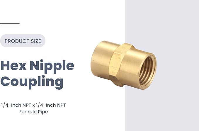 Brass Coupling 1/4 Inch NPT Female x 1/4 Inch NPT Female Hex Head Pipe Fitting, Pack of 10, Compressor connector 1/4 fnpt to 1/4 fnpt Coupler, Air Hose Adapter Brass Fittings