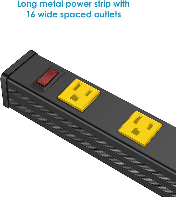 JUNNUJ Long Metal 16 Outlet Power Strip, Wide Spaced Garage Industrial Power Strip, Heavy Duty Power Strip with 10 FT Cord 15A, 125V, 1875W. Yellow