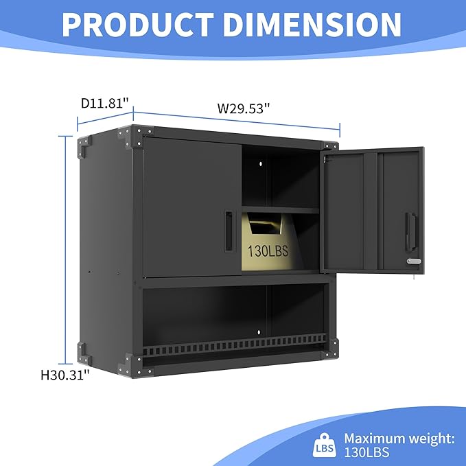Garage Wall Cabinet with Doors and Shelves, Wall Mounted Metal Storage Cabinet with Open Storage, Lockable Hanging Tool Cabinet for Garage Utility Room, Black