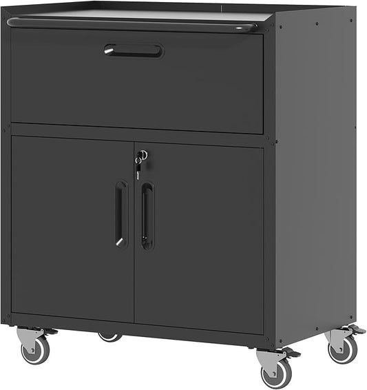Metal Storage Cabinet with Wheels, Lockable Garage Storage Cabinet with 2 Doors and 1 Drawer, Rolling Tool Storage Cabinet, Assembly Required, Black