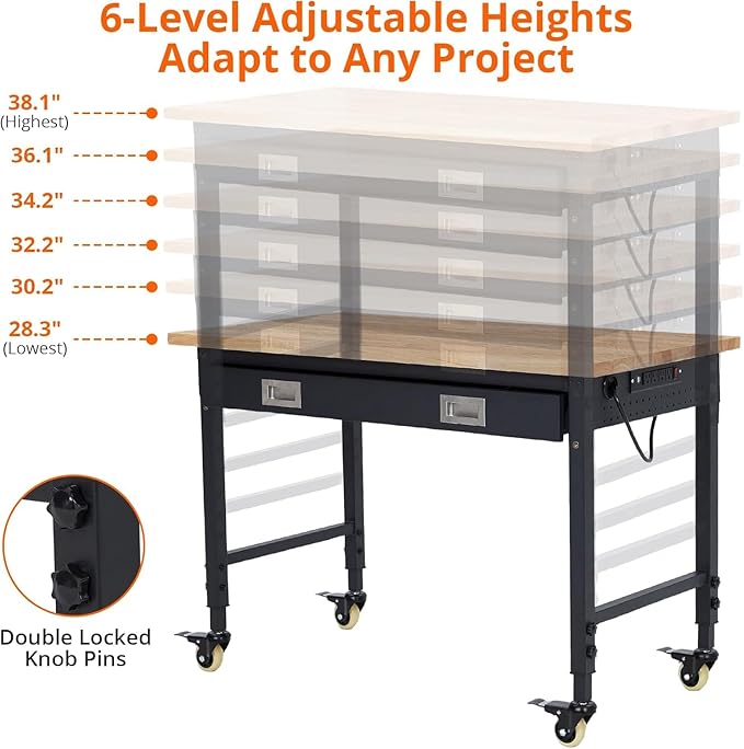 Workbench 48" x 24" Adjustable Height Worktable - Heavy Duty Rubber Wood Top with Drawer Storage, 2000 Lbs Capacity, Mobile Tool Storage Workstation with Power Outlets & Lockable Wheels