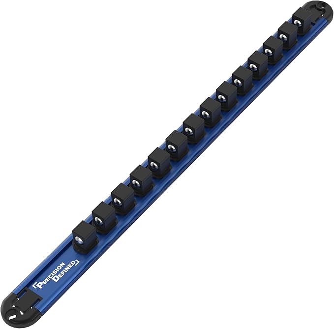 Precision Defined Aluminum Tool Socket Holder | Blue, Single 1/2-Inch Socket Organizer x 14 Clips | Heavy Duty Socket Rails Organizer, Socket Storage, Socket Tray 360 Rotation