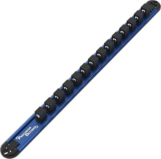 Precision Defined Aluminum Tool Socket Holder | Blue, Single 1/2-Inch Socket Organizer x 14 Clips | Heavy Duty Socket Rails Organizer, Socket Storage, Socket Tray 360 Rotation
