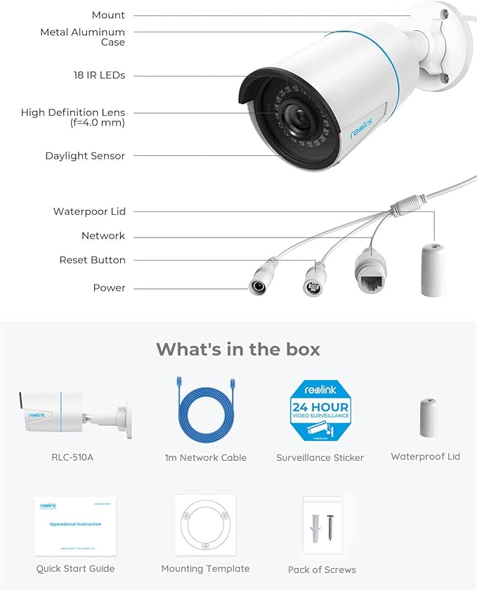 REOLINK 5MP Security Bullet PoE IP Camera,Surveillance Outdoor Indoor,Human/Vehicle/Pet Detection,Time-Lapse,100ft IR Night Vision,Work with Smart Home,Support 256GB SD Card,RLC-510A(Pack of 2)