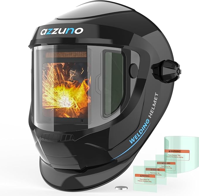 AZZUNO Auto Darkening Welding Helmet, Large Viewing 3.94"×3.82" with Side View 1.97"× 3.82", Solar Powered Welding Hood Mask with Wide Shade 4/5-8/9-13 for TIG/MIG/Stick Weld/Cut/Grind