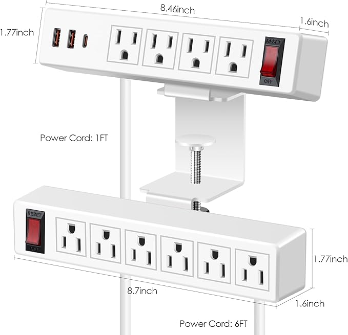 Desk Clamp Power Strip with PD20W USB-C, VILONG 2 in 1 Dual Layer Under Desk Power Strip, Removable Clamp Power Socket with 10AC Outlets & Switch, 10ft Extension Cord