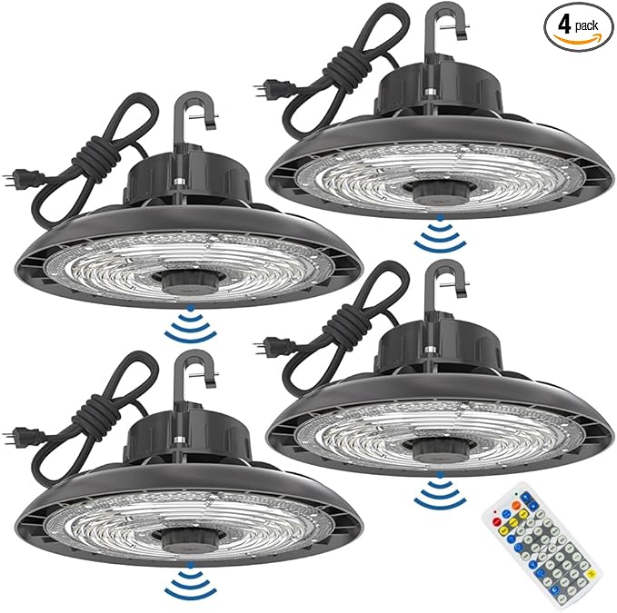 HYPERLITE 150W Smart High Bay LED Shop Lights 4pack, 140LM/W 5000K LED High Bay Lights with 1pack Remote Control & 4pack Motion Sensor, 120-277V High Bay LED Lighting for Garage Workshop Gym