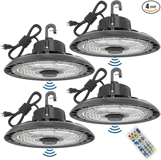 HYPERLITE 150W Smart High Bay LED Shop Lights 4pack, 140LM/W 5000K LED High Bay Lights with 1pack Remote Control & 4pack Motion Sensor, 120-277V High Bay LED Lighting for Garage Workshop Gym
