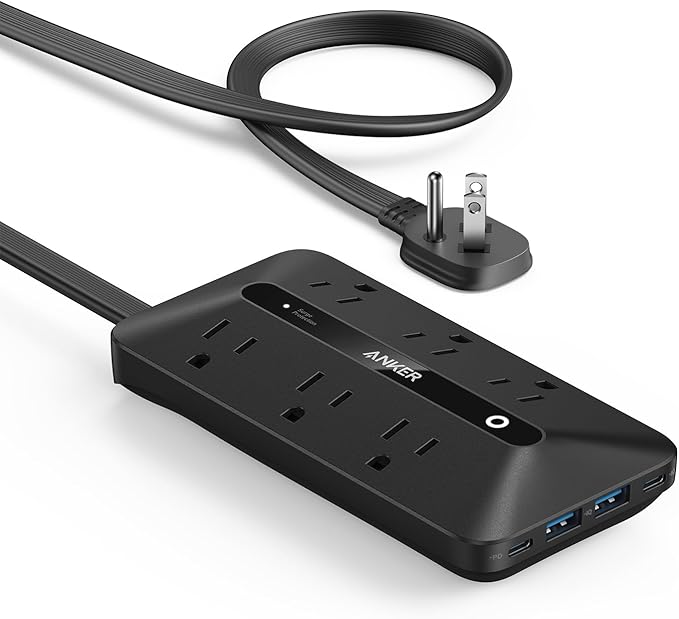 Anker Flat Plug Power Strip 300J, USB C Power Strip, 10-in-1 Ultra Thin Power Strip with 6 AC, 2 USB A and 2 USB C Ports,5feet Extension Cord, Desk Charging Station,Home Office College Dorm - Black