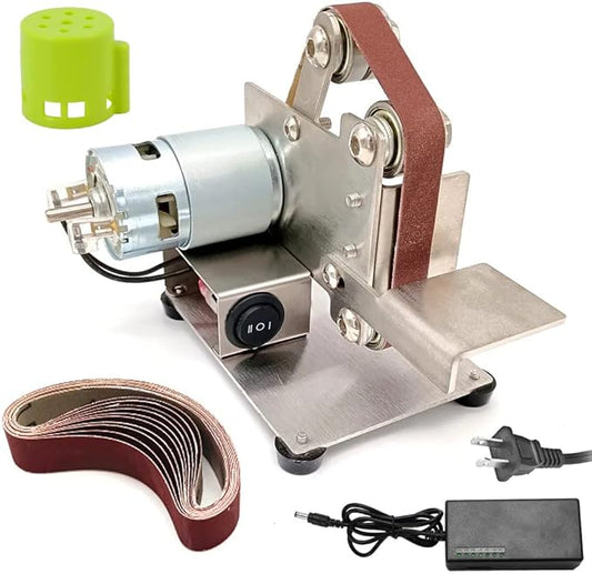 Electric Belt Sander for Woodworking, Mini Belt Sander for Metal Plastic Working DIY Small Projects, 7 Speed Regulation, Angle Adjustable Belt Knife Sharpener with 10pcs Belts and Dust Shield