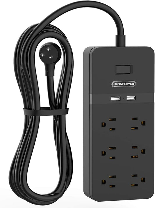 Long Extension Cord 15ft, NTONPOWER Flat Plug Power Strip Surge Protector with 6 Outlets 2 USB Ports, 1080 Joules, Wall Mount Charging Station, Overload Protection for Home Office, ETL Listed, Black