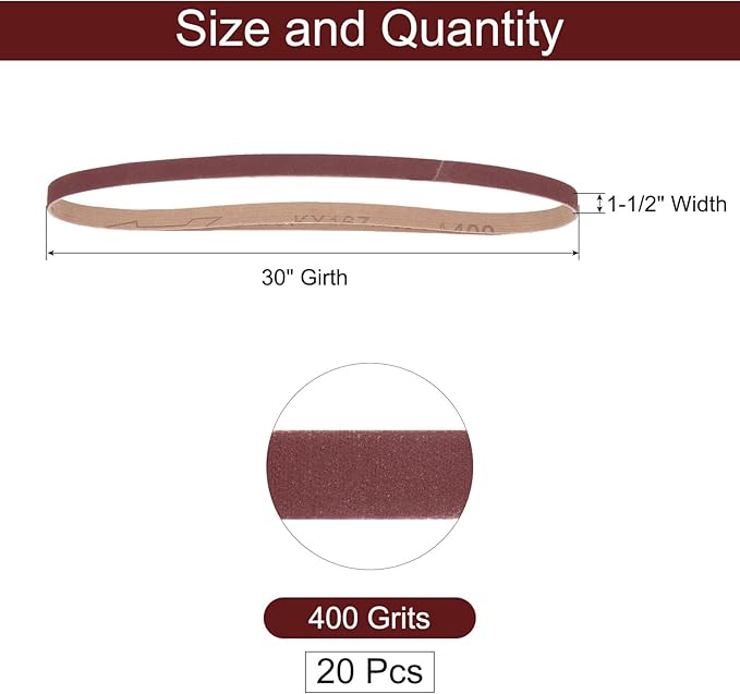 uxcell 20pcs 1-1/2" x 30" Sanding Belts 400 Grits Aluminum Oxide Abrasive Belt Sander Paper Sanding Papers for Metal Wood Grinding Polishing, Reddish Brown