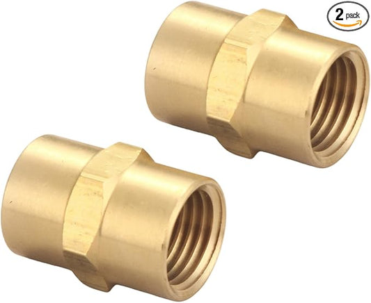 Brass Coupling 1/2 Inch NPT Female x 1/2 Inch NPT Female Hex Head Pipe Fitting, (Pack of 2), Compressor connector, fnpt to fnpt Coupler, Air Hose Adapter Brass Fittings