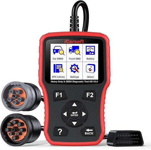 Heavy Duty Truck Scanner, iCarsoft HD V3.0 Multi-System OBD2 Diagnostic Scan Tool for Truck, Car, Mini Van, Light Duty Vehicle, Code Reader,Battery Test, Graphic Data Display-Red