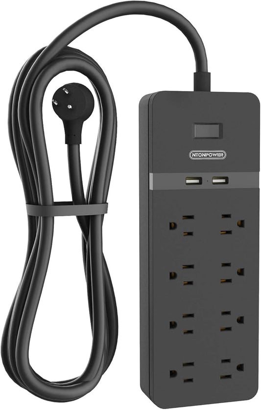 25 ft Extension Cord Flat Plug, NTONPOWER 8 Outlet Surge Protector Power Strip with USB Ports, 15A Circuit Breaker, Wall Mount Surge Protector for Home, Office, Workbench or Garage, ETL Listed, Black