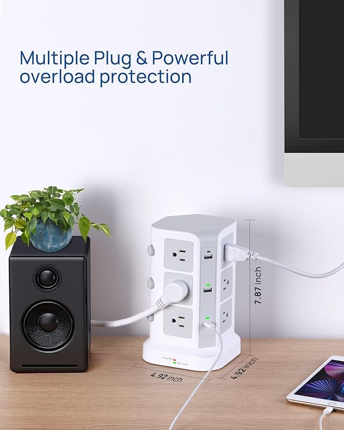 KOOSLA Dual 20W USB-C Power Strip Tower, Surge Protector Power Strip, Power Tower with USB Ports and Widely Spaced AC Outlets,1875W/15A, Charging Tower with 6.5ft Heavy-Duty Extension Cord White