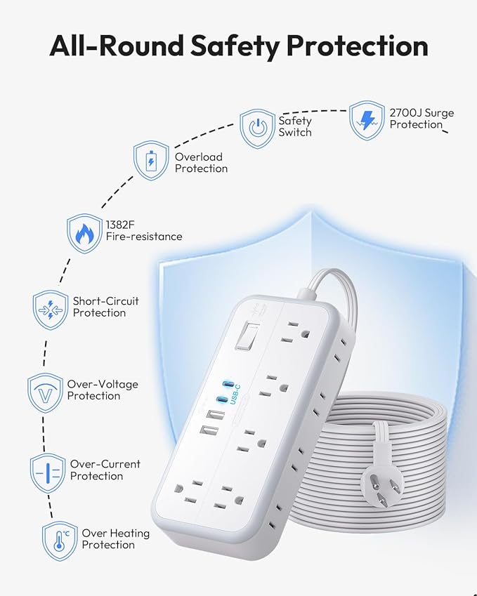Flat Extension Cord 15 FT, NTONPOWER Surge Protector Power Strip with 10 Widely Outlets 4 USB Ports (2 USB C), 3 Side, Overload Protection, 2700J, Wall Mount, Multiple Outlets for Home Office, White
