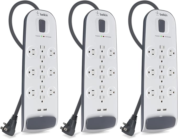 Belkin 12-Outlet USB Power Strip Surge Protector, Flat Plug, 6ft Cord (3,996 Joules), White - Pack of 3