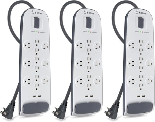 Belkin 12-Outlet USB Power Strip Surge Protector, Flat Plug, 6ft Cord (3,996 Joules), White - Pack of 3