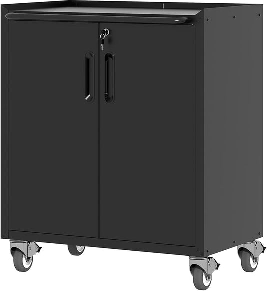 Metal Storage Cabinet with Wheels, Lockable Garage Storage Cabinet with Doors and Shelves, Rolling Tool Storage Cabinet, Assembly Required, Black