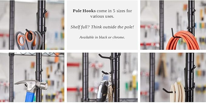 Sunway Shelf Pole Hooks 5-Pack | Black Variety Pack | Best Solution for Garage Shelving Storage Organization | Use with Metal or Wire Shelves and Racks | Heavy Duty, Easy Installation