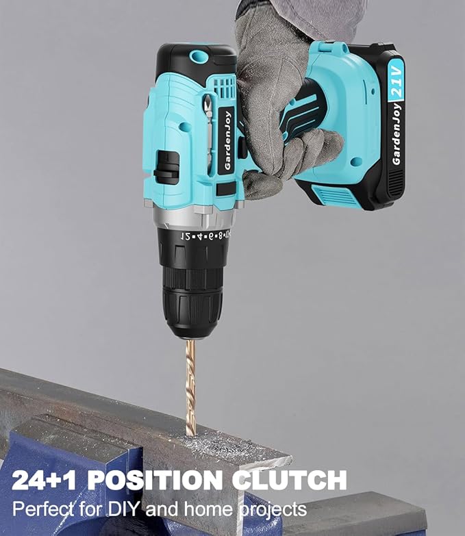 Cordless Power Drill: GardenJoy Cordless Drill 21V Electric Power Drill Set with Battery and Fast Charger, 65pcs Acessories,2 Variable Speed Control,3/8-Inch Keyless Chuck and 24+1 Torque for hardwood