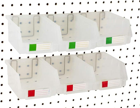Pegboard Bins – 6 Pack Clear Large - Hooks to Any Peg Board - Organize Hardware, Accessories, Attachments, Workbench, Garage Storage, Craft Room, Tool Shed, Hobby Supplies, Small Parts