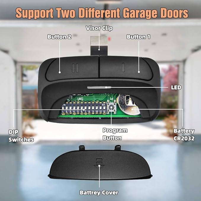 X X-HOUSE Universal Garage Door Remote for Liftmaster Chamberlain Linear Craftsman Genie Opener 300/310/315/318/390Mhz,Support Purple/Yellow/Green/Red/Orange Learn Button and DIP Switch,2 Pack