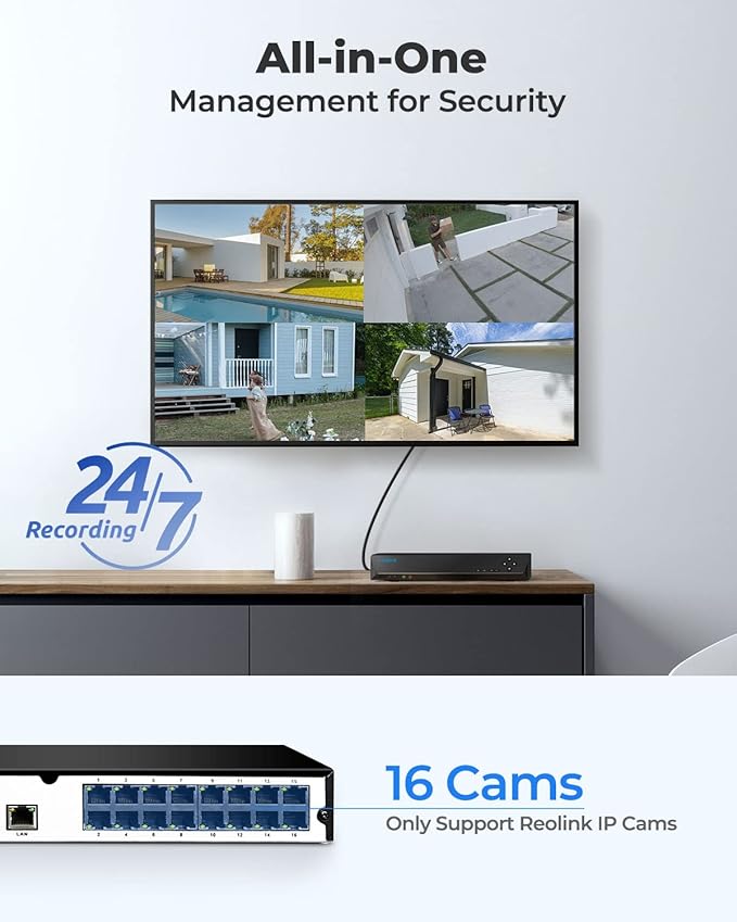 REOLINK 4K 16 Channel Network Video Recorder for Security Camera System, Only Work with 4K/5MP/4MP HD Reolink IP Cameras PoE NVR, 24/7 Recording to Pre-Installed 4TB Hard Drive, RLN16-410-4TB