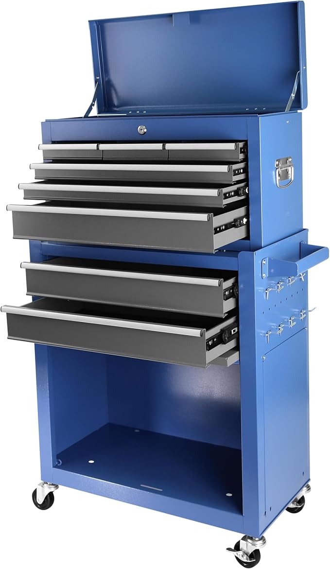Rolling Tool Chest with Wheels 8 Drawers Assembled Tool Cabinet Combo with Drawers Detachable Organizer Tool Chests Mobile Lockable Tool Box for Workshop Mechanics Garage, Blue+Grey
