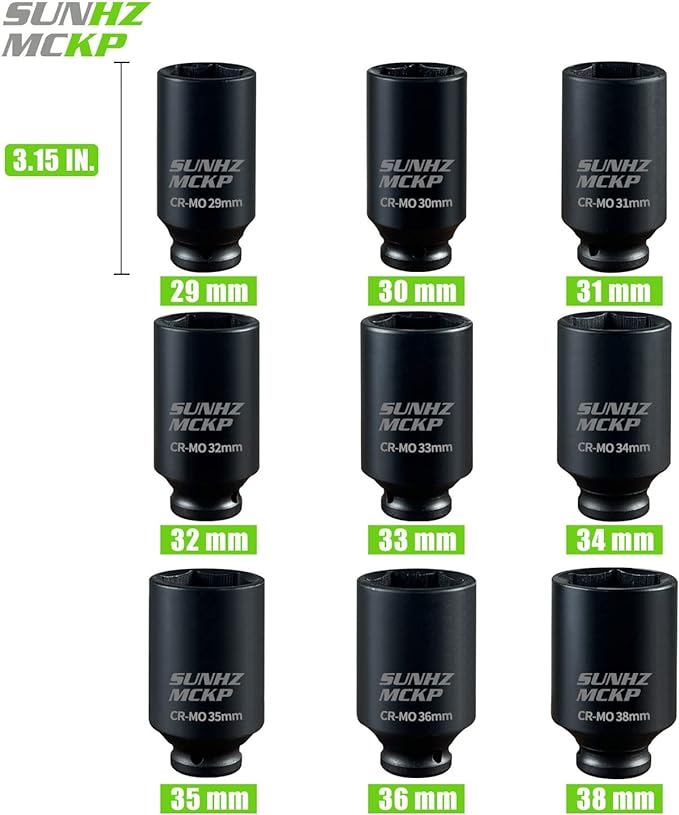 SUNKPMCKP 1/2" Drive Deep 6-Point Impact Socket Set, 9-Piece METRIC Spindle Axle Nut Impact Socket Set, Cr-Mo, 29mm - 38mm