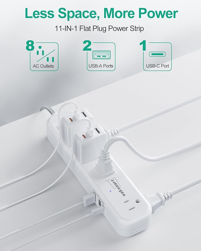 Flat Extension Cord 20 FT Multiple Outlets- Surge Protector Power Strip 8 AC Outlets 3 USB Fast Charge (3.4A 17W) 1080 Joules Long Braided Cord Wall Mountable for Home Office College Dorm 13A 1625W