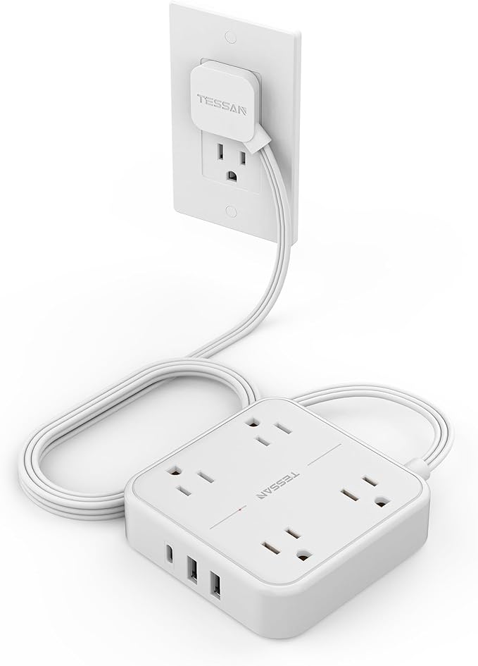 Surge Protector Power Strip, TESSAN Extension Cord 5FT with 4 Mutiple Outlets 3 USB(1 USB C) Charging Ports, 4 Sockets Desk Charging Station for Home Office Dorm Room Essentials, White